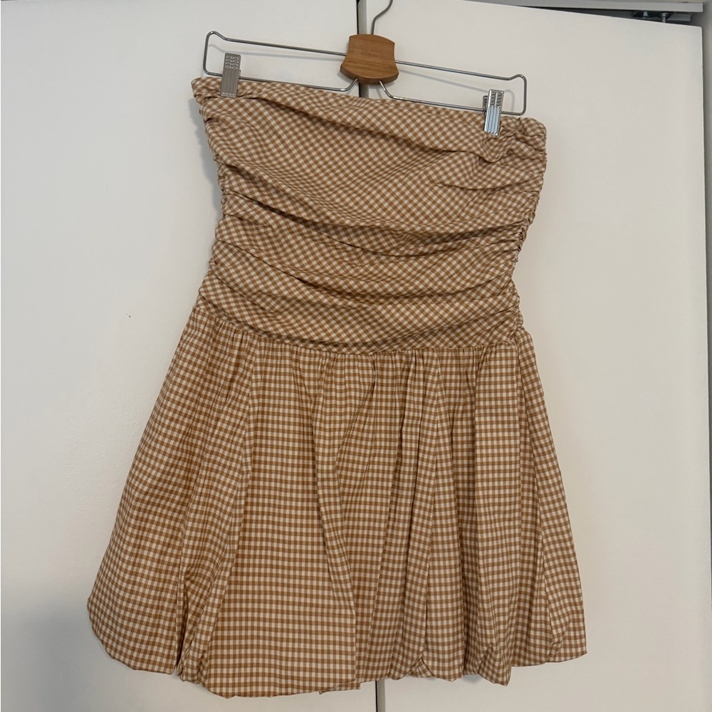 Reformation Beige Gingham Strapless Mini Dress